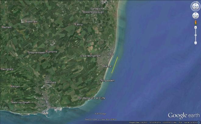 Extreme southeast Britain, with the approximate landing site highlighted in yellow, between Deal and Walmer Castle